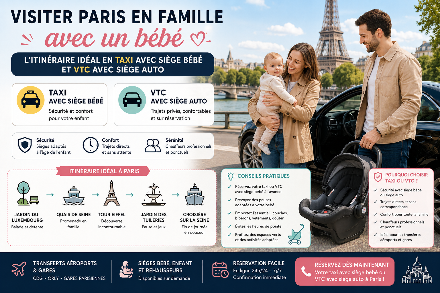 Visiter Paris en famille avec un bébé : l'itinéraire idéal en taxi avec siège bébé et VTC avec siège auto