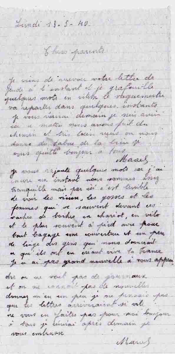 Lettre du 13 mai 1940 adressée à ses parents