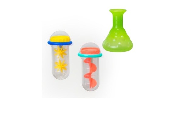 <div style=" font-size:10px; font-weight:bold;"> Sassy おふろラボ </div>  <div style=" font-size:10px;"> ２つの試験管とフラスコをつかって、お風呂で理科の実験ごっこ♪<br> 試験管をお風呂の壁にぴたっとくっつけて、上から水をかけてみて </div>