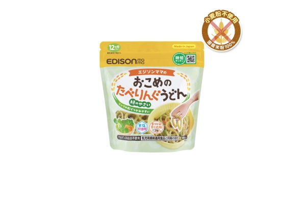 <div style=" font-size:10px; font-weight:bold;"> おこめのたべりんぐうどん　緑のやさい </div> <div style=" font-size:10px;"> 手づかみ食べやカトラリーデビューにぴったりのリングの形のうどん<br> 原材料は国産米粉100％と水と野菜のみ </div>