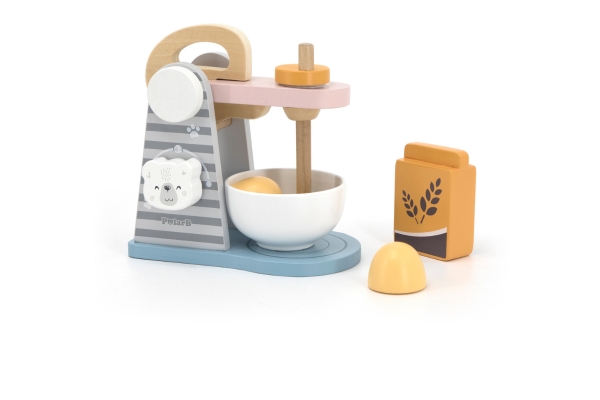 <div style=" font-size:10px; font-weight:bold;"> PolarB ミキサーセット </div>  <div style=" font-size:10px;"> パン屋さんごっこを楽しめるミキサーのおもちゃ。卵と小麦粉がセットになっていて、卵はぱかっと二つに割れます。 </div>