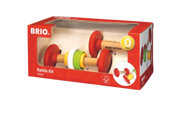 <div style=" font-size:10px; font-weight:bold;"> BRIO ラトルキット </div>  <div style=" font-size:10px;"> ビーズの音や動き、リングの色や形を楽しむ2種類のラトルセット。感覚を刺激し、子供の発育を促します。 </div>