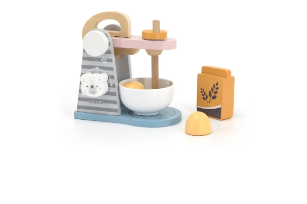 <div style=" font-size:10px; font-weight:bold;"> PolarB ミキサーセット </div>  <div style=" font-size:10px;"> パン屋さんごっこを楽しめるミキサーのおもちゃ。卵と小麦粉がセットになっていて、卵はぱかっと二つに割れます。 </div>