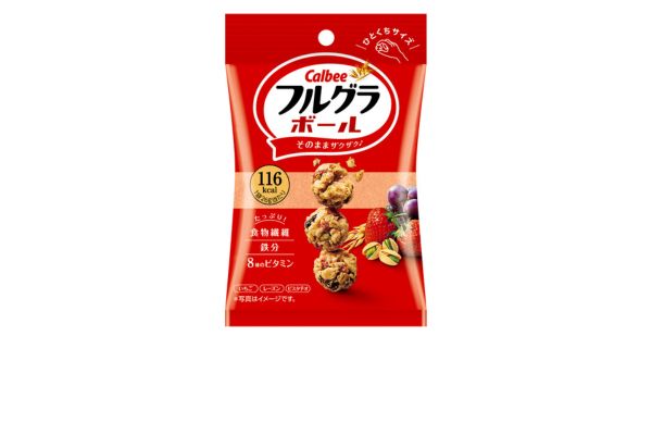 <div style=" font-size:10px; font-weight:bold;"> フルグラボール </div>  <div style=" font-size:10px;"> フルグラがひとくちサイズにま～るくなった！おいしいのに食物繊維・鉄分・8種のビタミンがたっぷり摂れます。 </div>