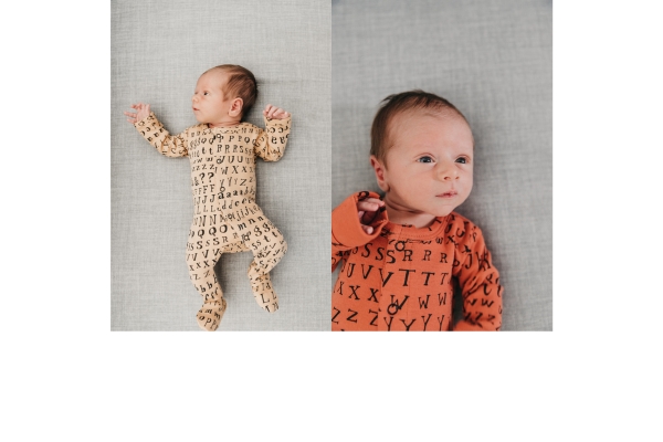 <div style=" font-size:10px; font-weight:bold;"> Footed Overall </div>  <div style=" font-size:10px;"> レター柄がかわいいGOTS認定のオーガニックコットンの足つきロンパースです。 </div>