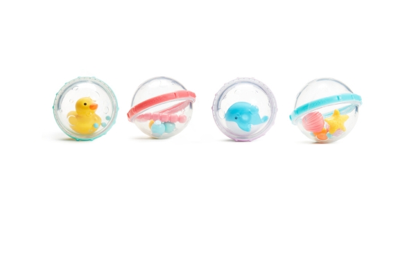 <div style=" font-size:10px; font-weight:bold;"> munchkin バブルボール/4個/アヒル&クジラ </div>  <div style=" font-size:10px;">  生きものたちが泡の中でくるくる泳ぐ、小さな手でもつかみやすいバブルボール。<br> ぷかぷか浮かべたり、振ってカラカラ音を鳴らして遊べます。 </div>