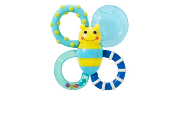 <div style=" font-size:10px; font-weight:bold;"> Sassy カミカミみつばち/ブルー </div>  <div style=" font-size:10px;"> お子様の触覚を刺激する凹凸や、振るたびにカラカラ音がするビーズなど、４つの羽は全て感触が違うので、赤ちゃん興味津々♪ </div>