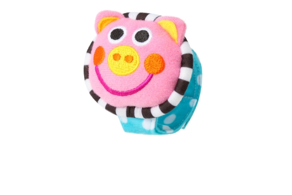 <div style=" font-size:10px; font-weight:bold;"> Sassy にこにこリストラトル/こぶた </div>  <div style=" font-size:10px;"> 手首やベビーカーに巻き付けて使えるリストラトル。お子さまが認識しやすい左右対称のお顔。キューキュー音が興味を刺激します。 </div>