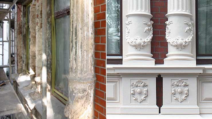 Ionische Trommelsäulen vor und nach der Restaurierung