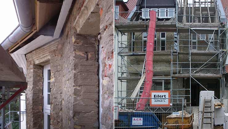 Fragmente des Traufgesimss und der Fensterfasche nach dem Abschlagen des Fliesenbelags