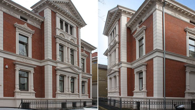 Seitenansichten der Stadtvilla nach der Stuckrestaurierung