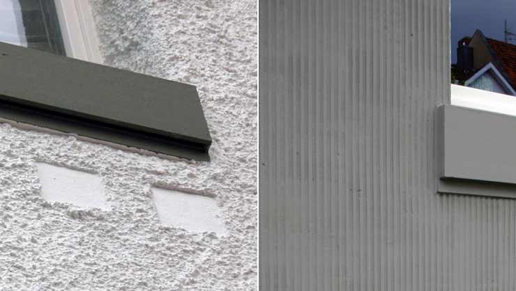 Kellenspritzbewurf mit eingelassenen Kacheln (links) und Scharrierputz (rechts)