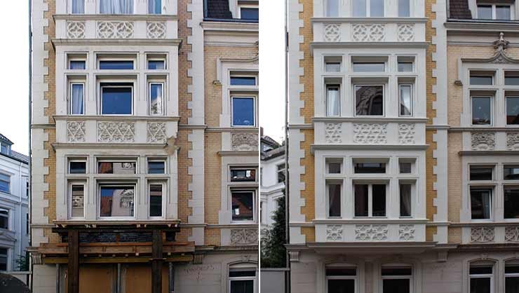 Risalit vor und nach der Restaurierung