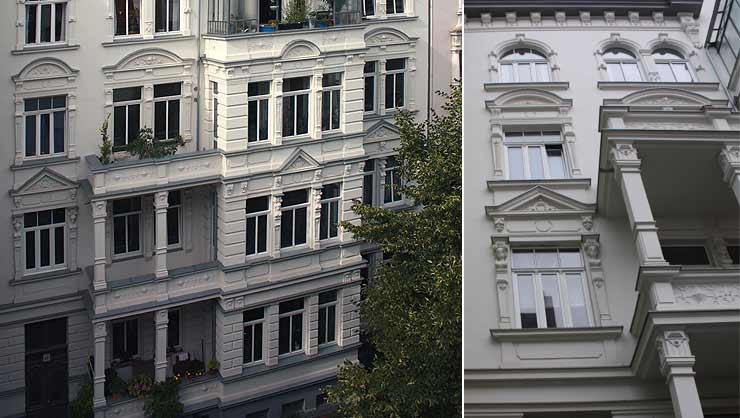 Ausschnitt der restaurierten Fassade/Detailansicht der Fensterachse