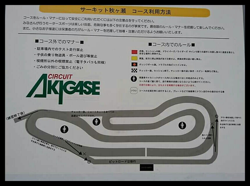 レースが開催されているサーキット秋ヶ瀬のコースです。左回りで中、低速コーナーで構成されます。4st50sクラスの参加車両はストレートで最高速55キロ～60キロほどです。