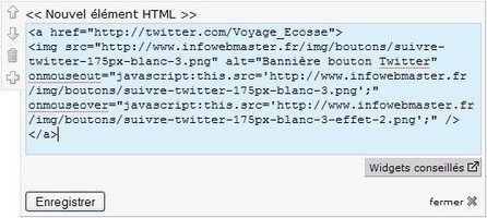 Code dans la fenêtre Jimdo