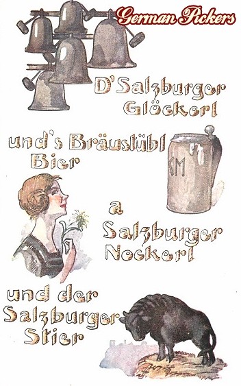 AK Salzburg - Salzburger Glöckerl unds Braustübl Bier, a Salzbuerger nockerl und der Salzburger Stier