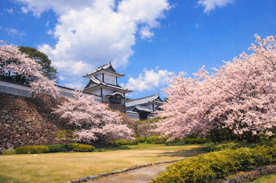 金沢ワイン会　金沢城と桜の風景