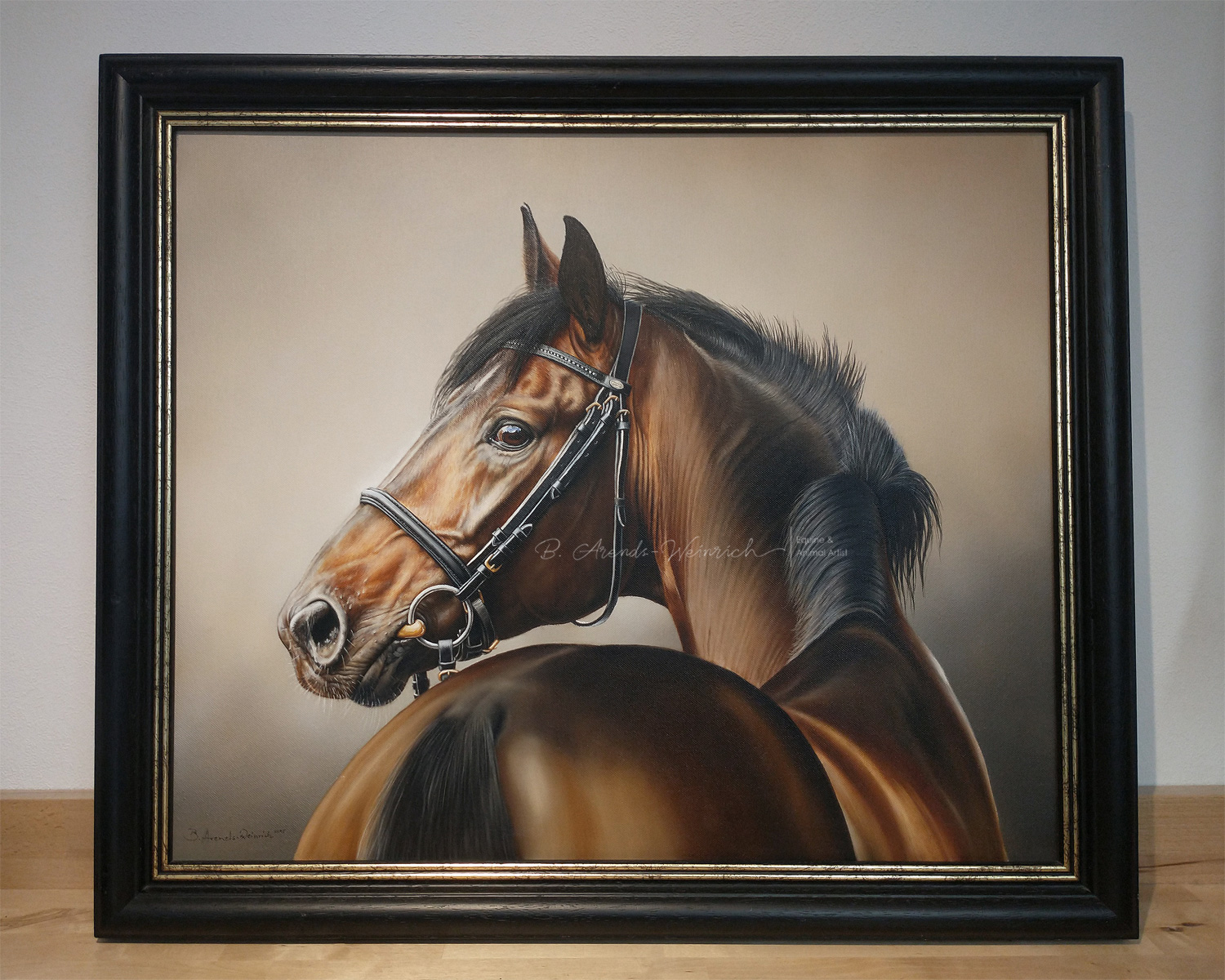 Gerahmtes Pferdeportrait. Gemalt in Öl auf Leinwand. 