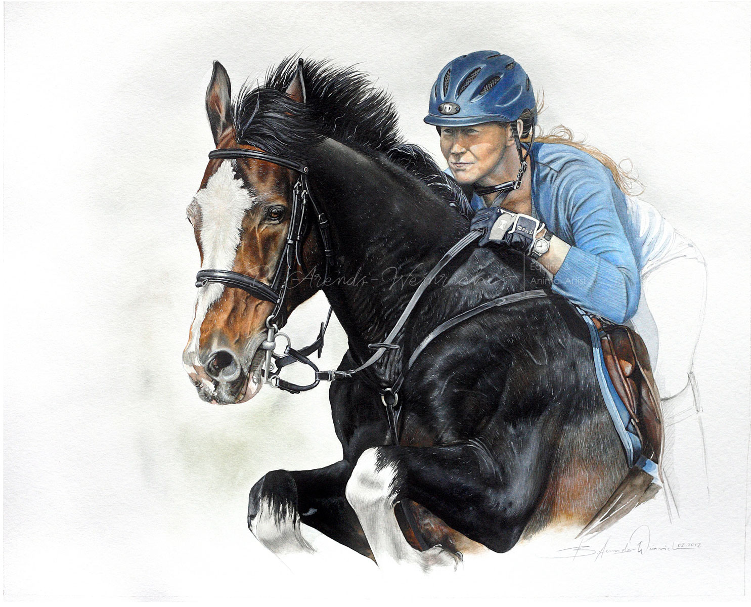 Reiter & Pferdeportrait gemalt in Aquarell. Auftragsarbeit im Format 40 x 50 cm. 