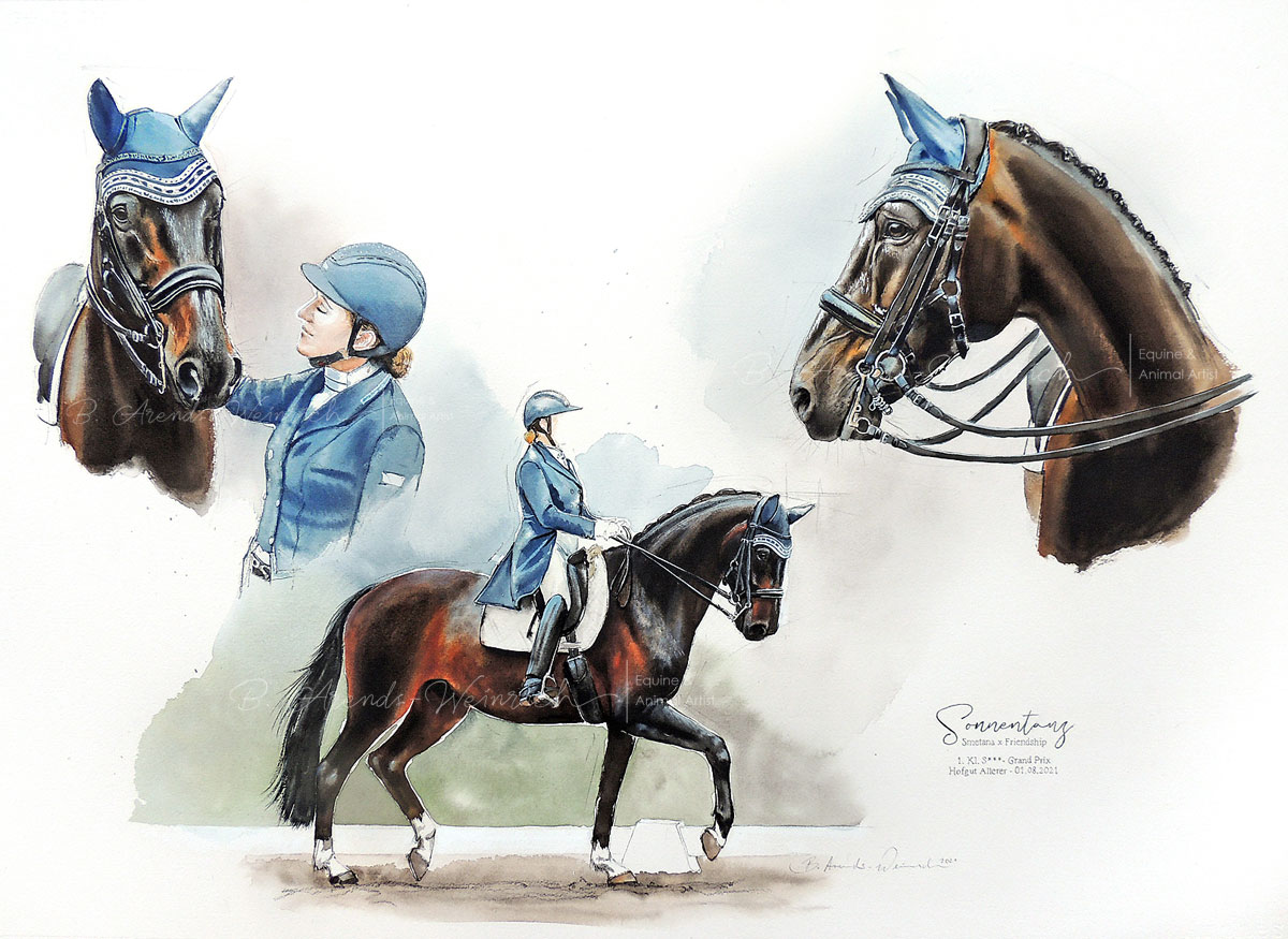 Pferd & Reiter Portrait gemalt in Aquarell. Auftragsarbeit im Format 30 x 40 cm. 