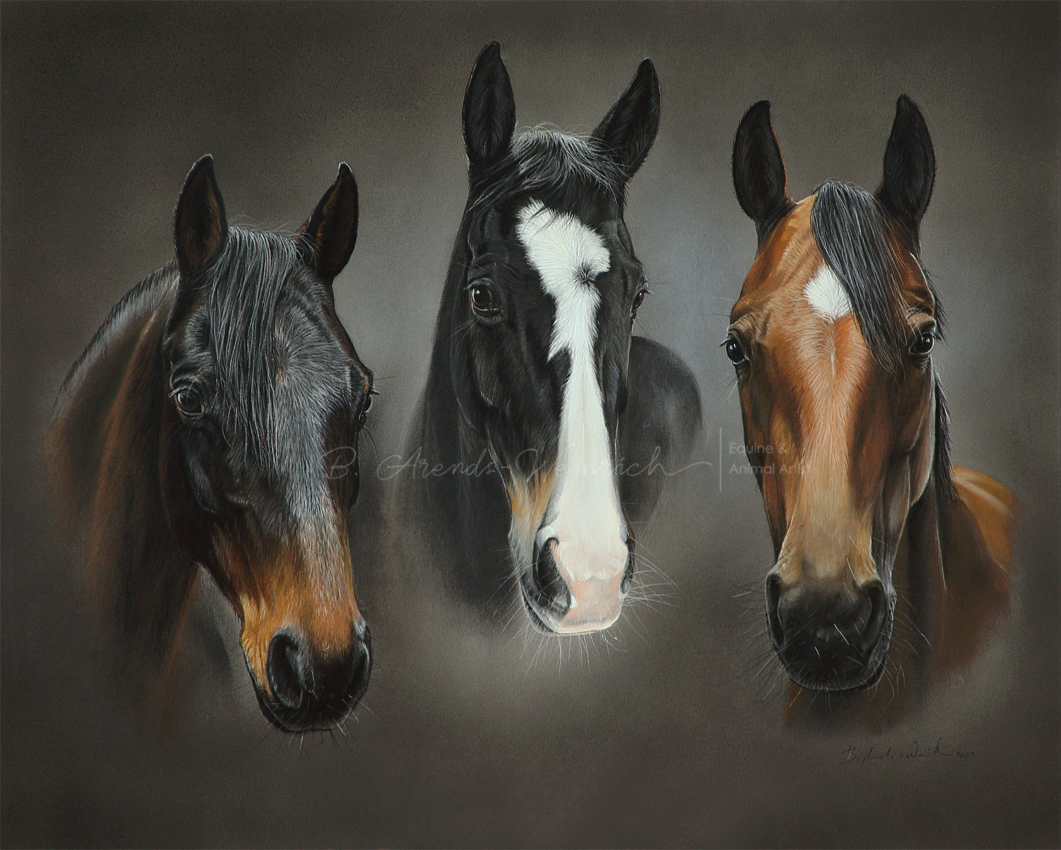 Pferdeportrait Warmblut Collage, Auftragsarbeit in Pastell, Format 40 x 50 cm. 