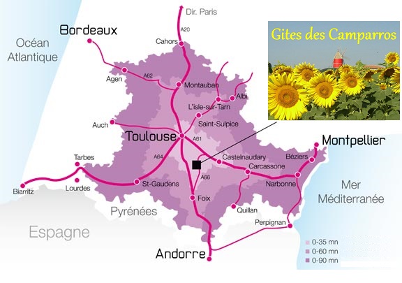 plan regional de situation des Gites des Camparros à Nailloux