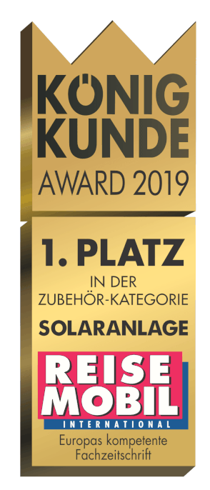 SOLARA wins 1st place at the "König Kunde Award 2019". The result of a large survey and proof that SOLARA products for motorhomes, motorhomes, campers, vans, caravans etc. are recommended, work well and that readers are satisfied.