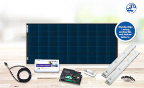 SOLARA Premium Pack. High-quality solar system complete with high-tech solar panel, morningstar charge controller, holding spoiler mounting system with adhesive set for livening up on the roof of a camper, as well as cables & detailed assembly instruction
