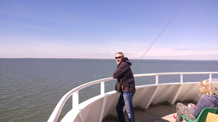 Peter Karcher, ferry crossing to Saaremaa Island. SOLARA solar systems for vans and campers. Made in Germany!