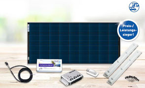 SOLARA Profi Pack. High-quality solar system complete with high-tech solar panel, Schaudt EBL charge controller, holding spoiler assembly system with adhesive set for reviving on the roof of a camper, as well as cables & detailed assembly instructions.