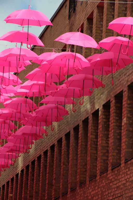 Première surprise : une rue couverte de parapluie roses !