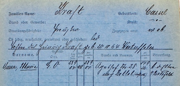 Meldekarte von Marie Kraft (StadtA Kassel) wonach sie von Kassel nach Bethel verzogen ist