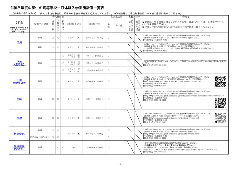 公立高 一日体験入学 実施計画