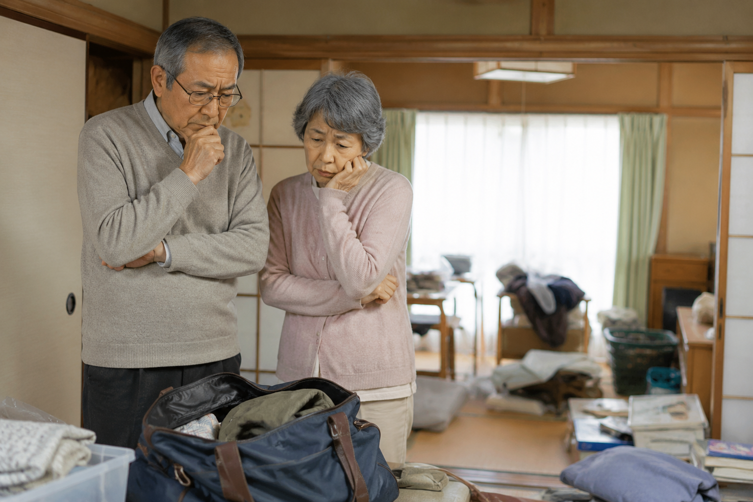 残置物がある室内で悩むシニア夫婦
