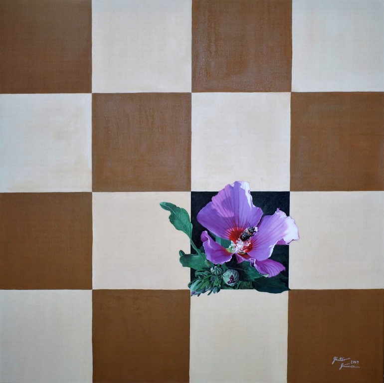 Schach der Natur? - Hibiskus, 100x100cm, Acryl auf Leinwand, 2009