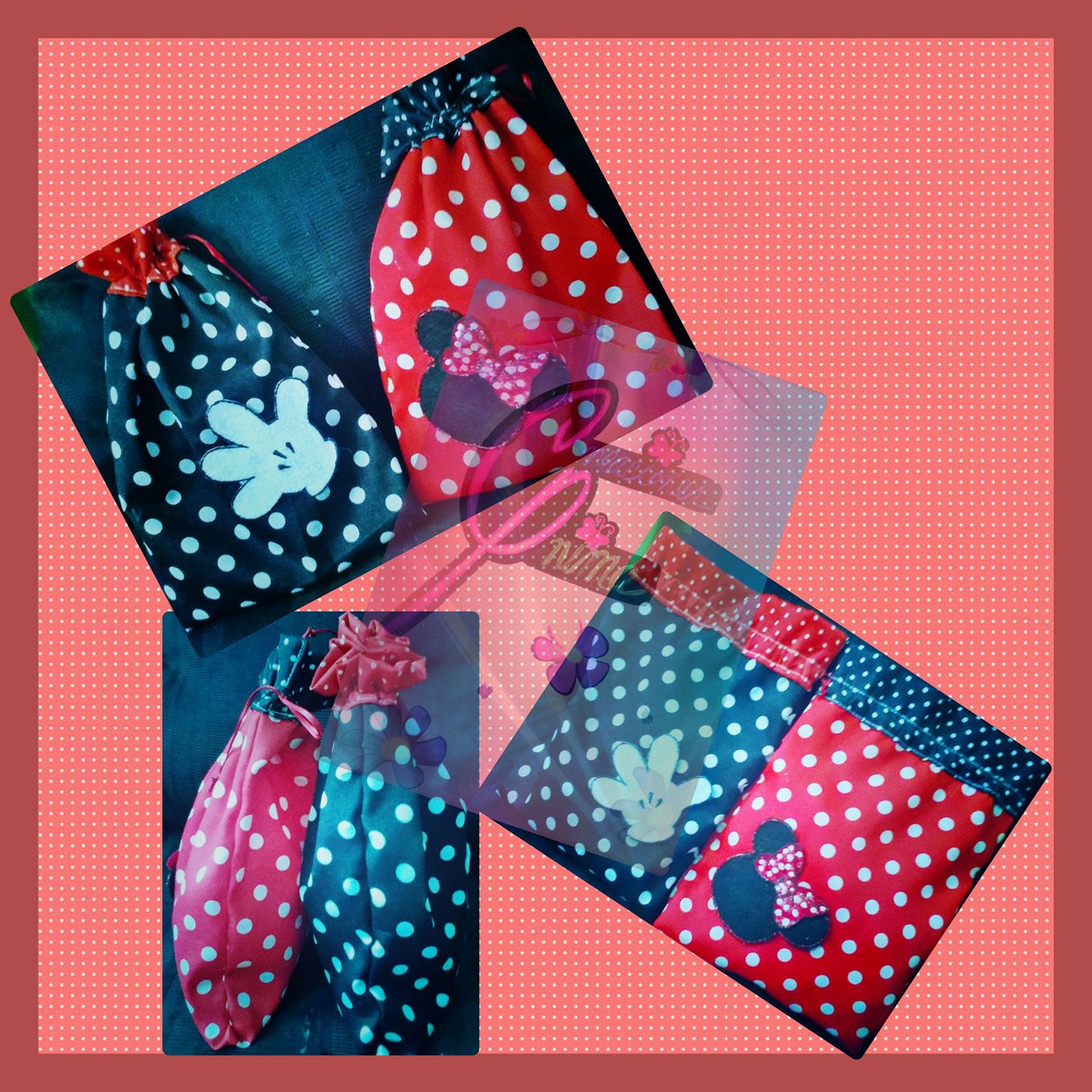 Bolsita costalito de tela lunares; decorado: figuras de fieltro $20,°°c/u