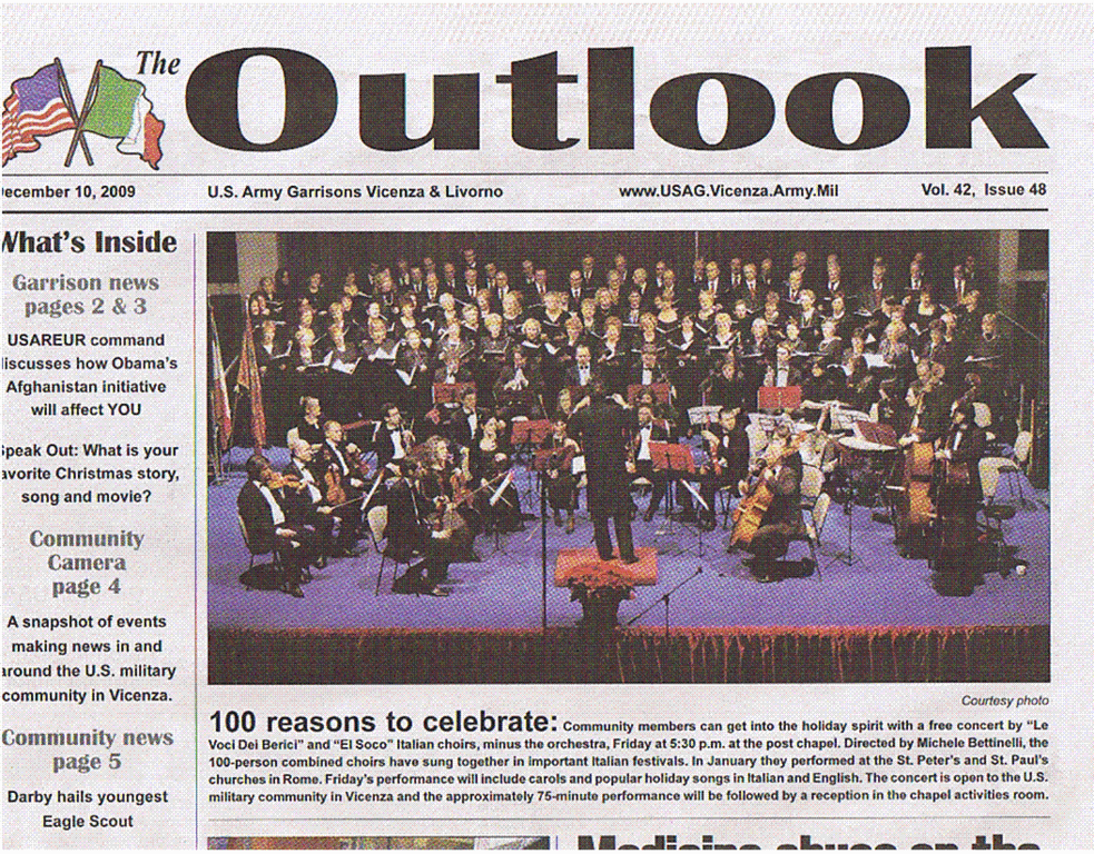 periodico Outlook Dic. 2009 concerto in Caserma Ederle Vicenza Corale