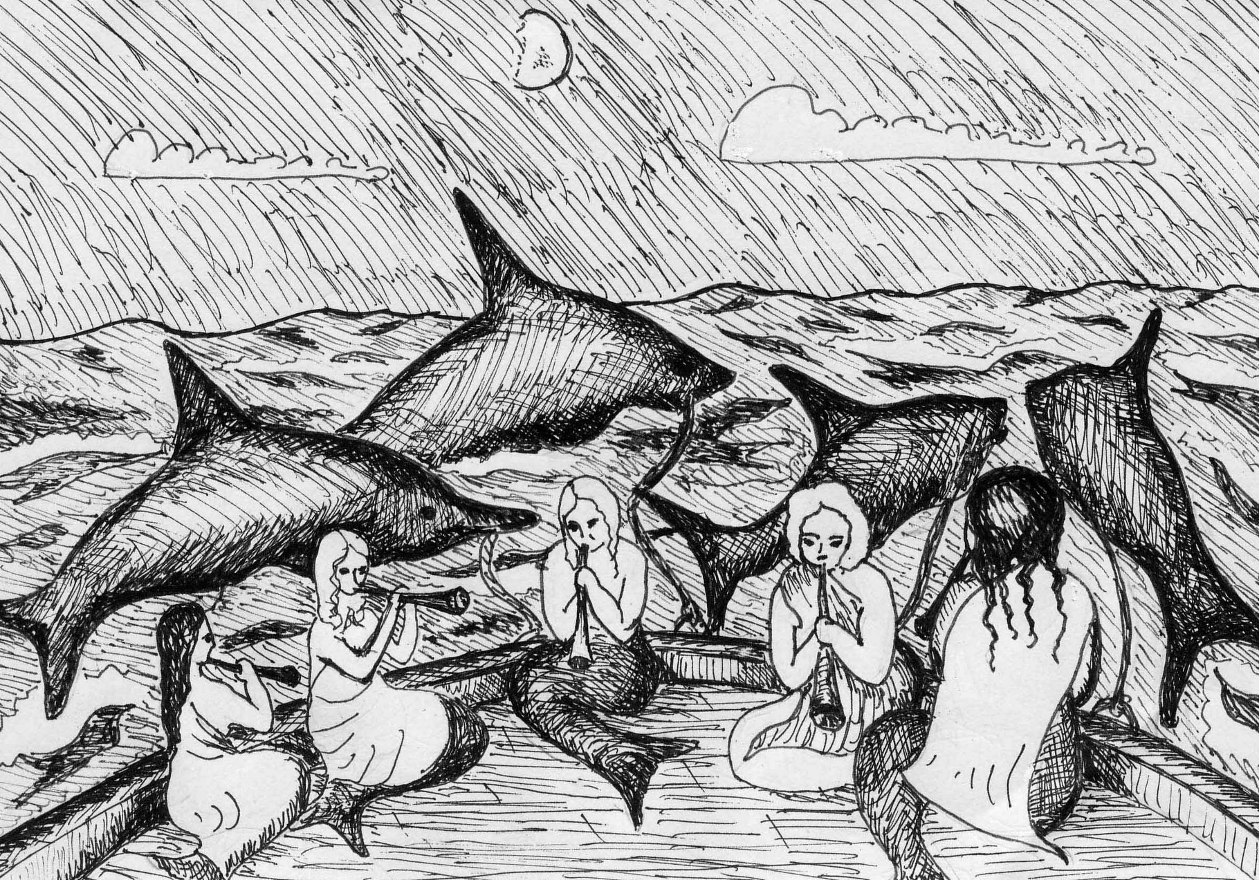 Dolphins Drawing the Raft with Mermaids (© Linda Williams, 2011)