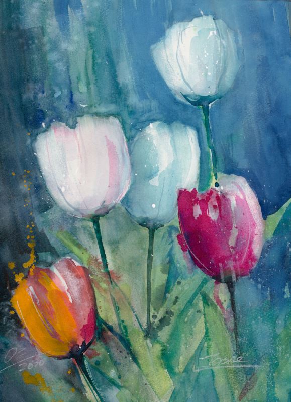 Wandbild Tulpen 5, Aquarell gemalt von Jopie Bopp, Hochformat, Bunt, Tulpen 5, Aquarell gemalt von Jopie Bopp