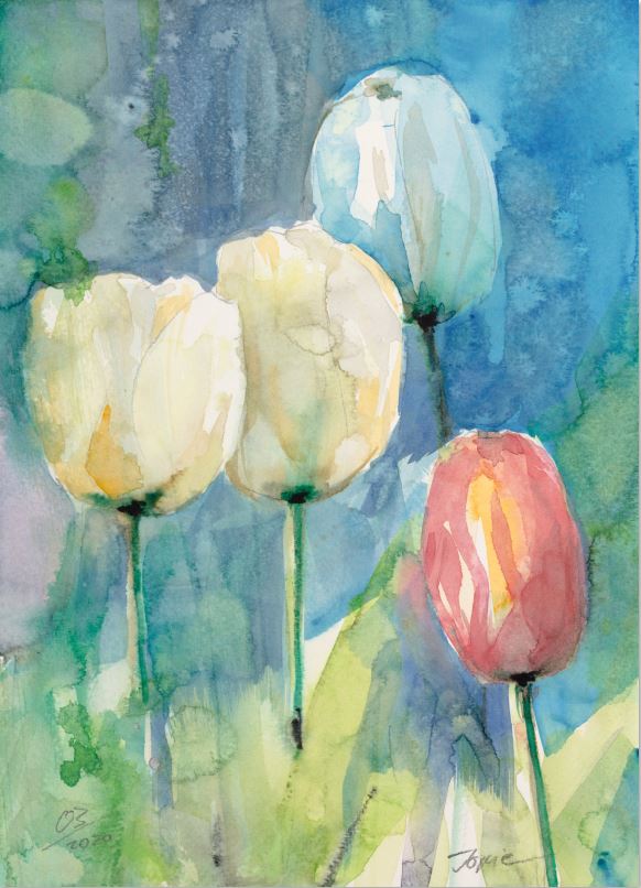Wandbild Tulpen 6, Aquarell gemalt von Jopie Bopp, Hochformat, Bunt, Tulpen 6, Aquarell gemalt von Jopie Bopp