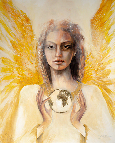 Engelbild, Engel des Aufbruchs, Wandbild gemalt von Jopie #Aufbruch #gelberengel #Erdeim Aufbruch #spirituellemalerei Goldener Engel heilt die Erde