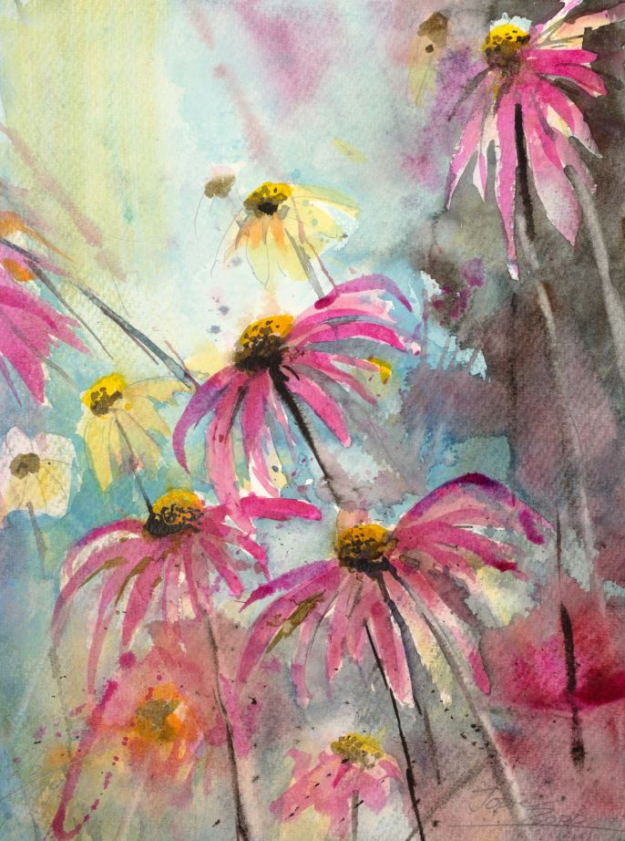 Wandbild Aquarell in der Farbe Magenta, Hochformat, Blumenmotiv Echinazea, Aquarell gemalt von Jopie Bopp