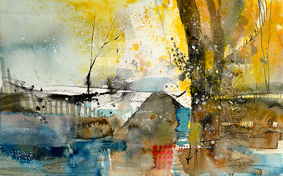 Wandbild abstrakt, Haus am See, Querformat Farbe Blau und Gelb, #Aquarell #Jopie #Bopp #Element #Wasser #abstrakt #Abstraktemalerei 