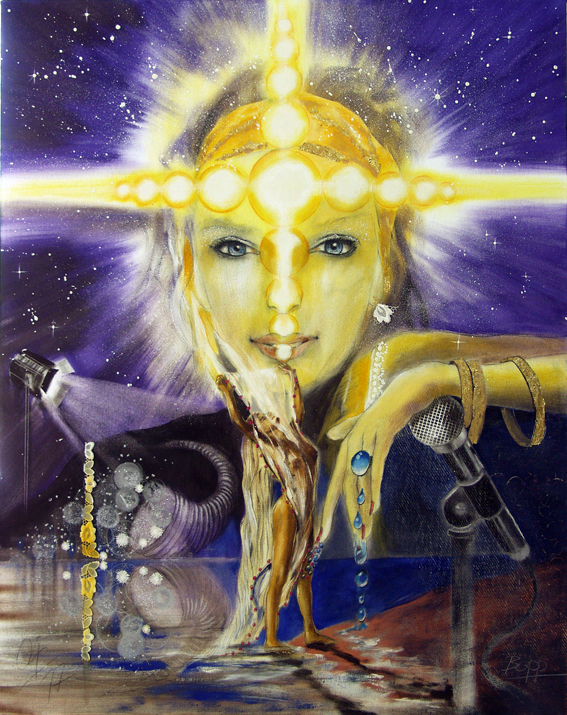 Wandbild Tarot Der Stern / Sakis-Tarot, Farbe Blau und Gelb gemalt von Jopie Bopp, Leinwandbild Tarotkarte der Stern Erneuerung, neue Möglichkeiten, Hoffnung, Zukunft, positiver Verlauf, Optimismus, Chance, Glück, langfristig günstige Entwicklung, inneres