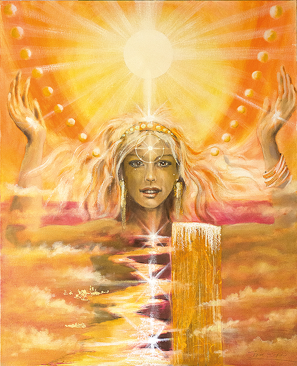 Wandbild Die Sonne Sakis-Tarot, gemalt von Jopie Bopp, Tarotkarte Die Sonne, Hochformat, Farbe Gelb, Original Gemälde