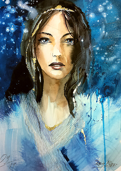 Wandbild Frauengesicht Diamonds in the Sky, Hochformat, Farbe Blau, #Frauengesicht #angelface #jopie handgemalt von Jopie Bopp #jopiebopp #portraitmalerei