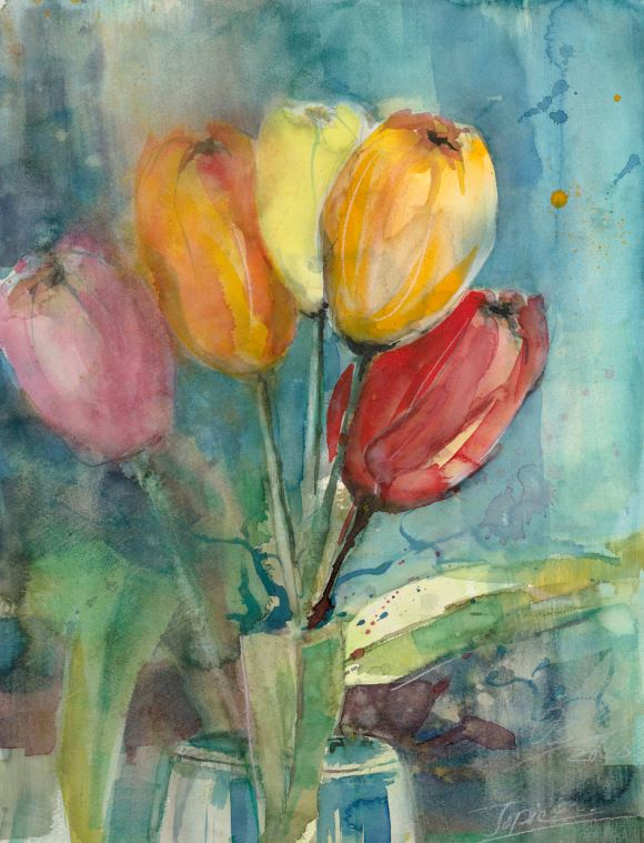 Wandbild Tulpen 4, Aquarell gemalt von Jopie Bopp, Hochformat, Farben Weiß und Rosa, Aquarell gemalt von Jopie Bopp in Bunt