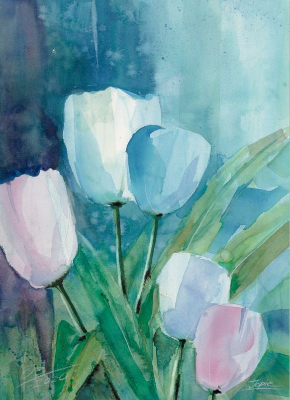 Wandbild Tulpen 3, Aquarell gemalt von Jopie Bopp, Hochformat, Farben Weiß und Rosa