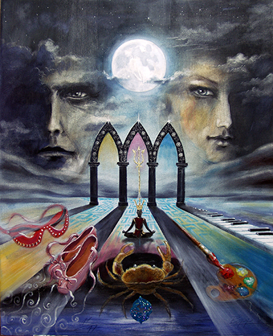 Wandbild Der Mond / Sakis-Tarot, Hochformat Farbe schwarz, gemalt von Jopie Bopp, Original Gemälde, Tarotkarte Der Mond